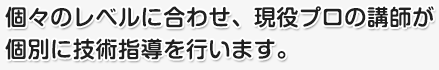 個人のレベルにあわせて現役プロの講師が個別に技術指導を行います